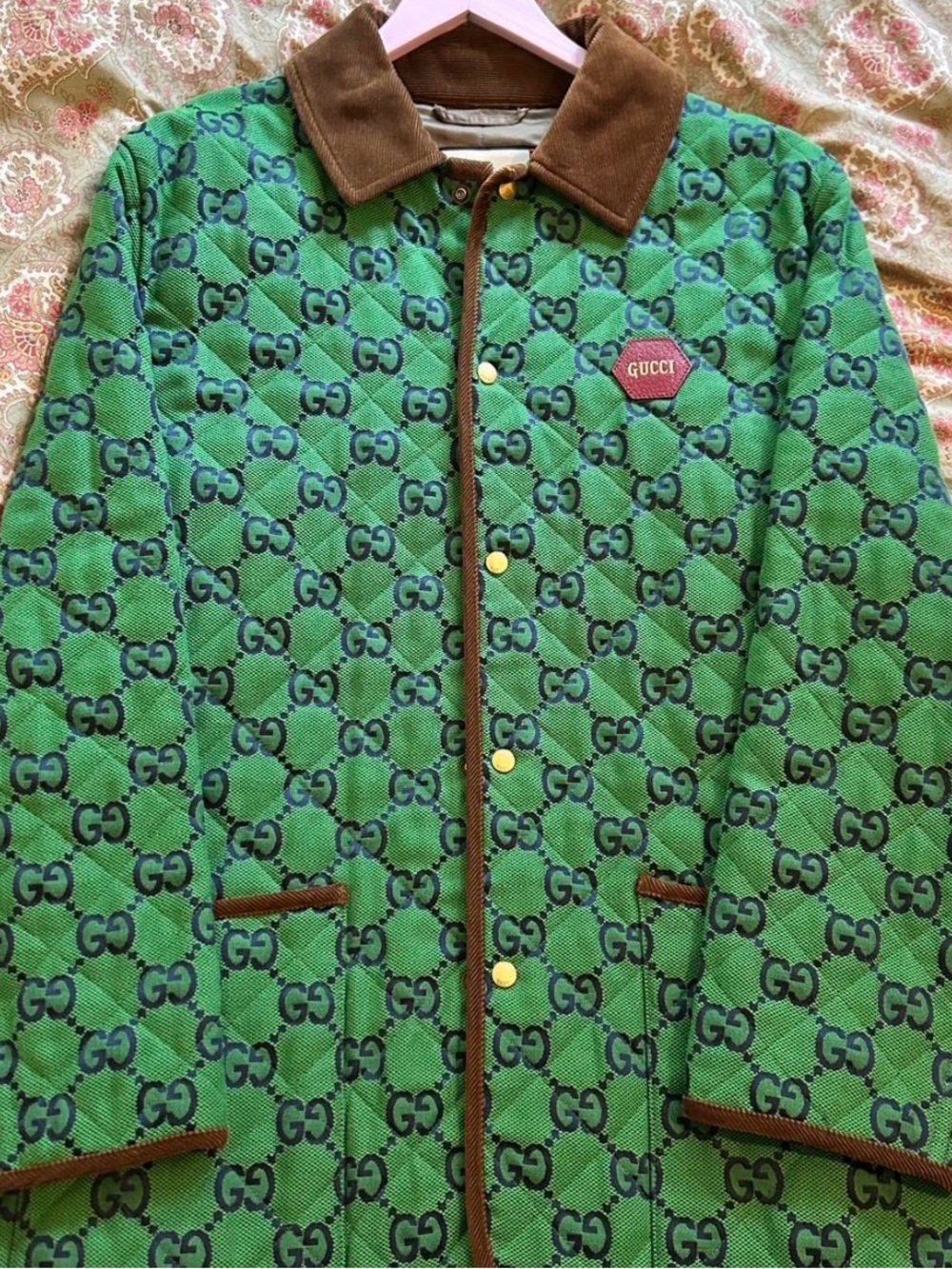 Rare Gucci Men’s 100th collection Green GG Quilted Jacket with Brown Trim